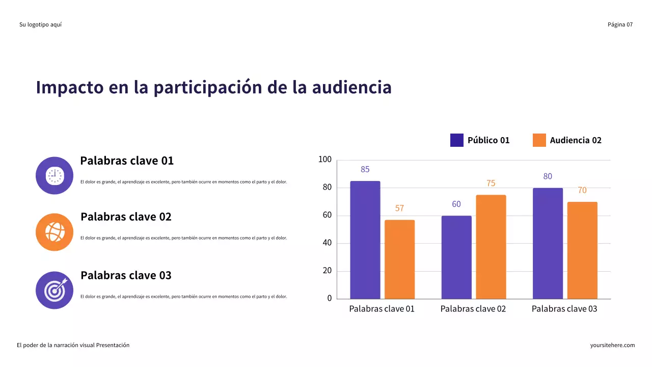 Presentación ilustrativa en morado y naranja: El poder de la narración visual