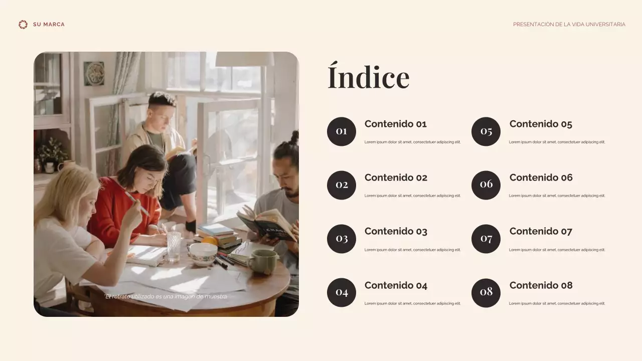 Presentación de la vida universitaria en beige y azul