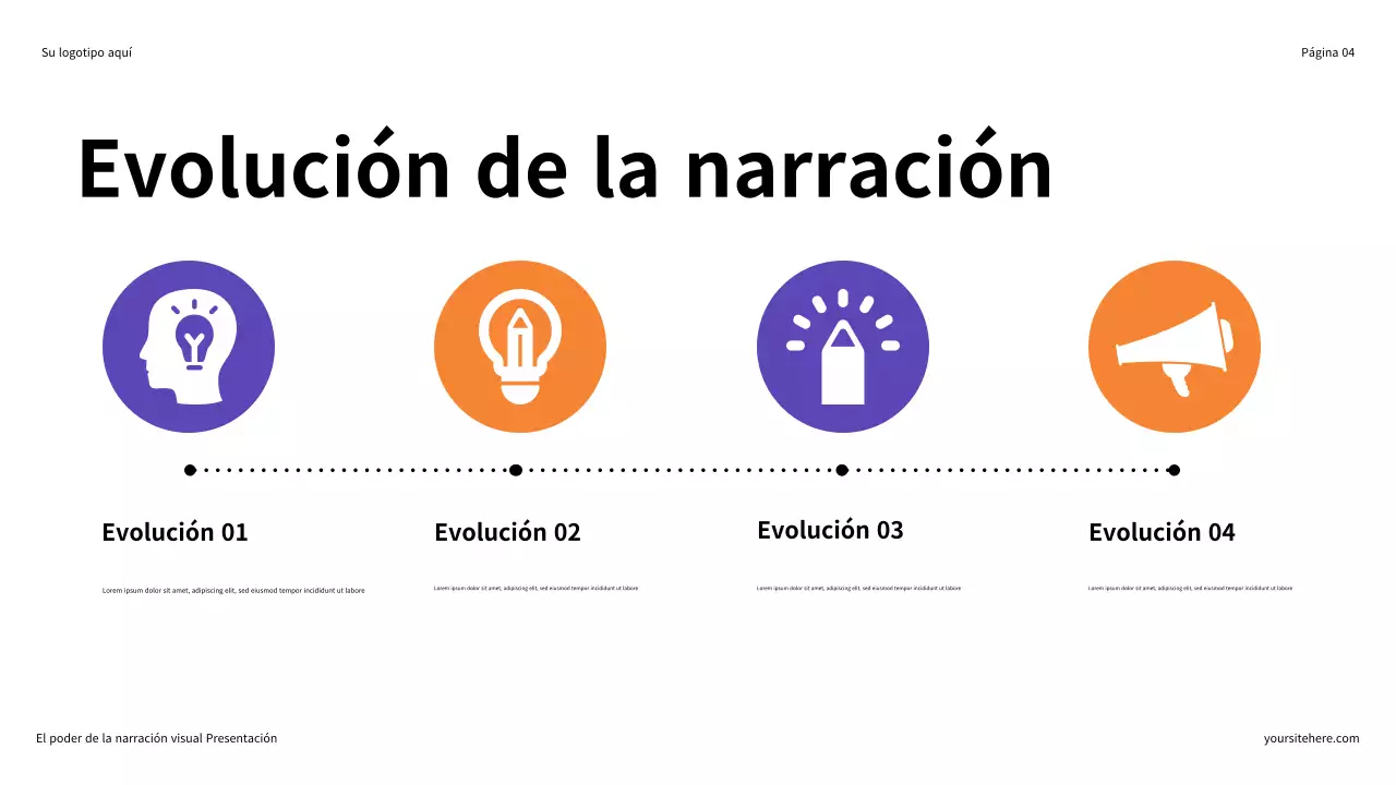 Presentación ilustrativa en morado y naranja: El poder de la narración visual