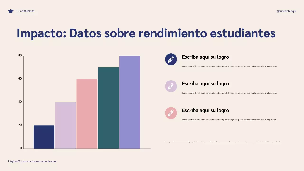 Presentación ilustrativa de las asociaciones comunitarias en azul y morado para el éxito estudiantil