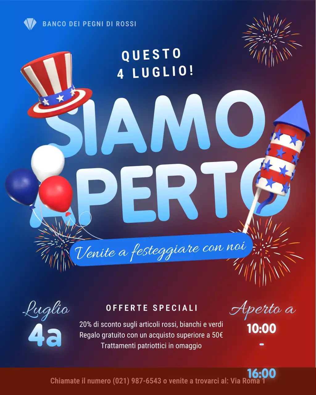 Avviso operativo per le festività del 4 luglio, post su Instagram dedicato al divertimento festivo blu e rosso