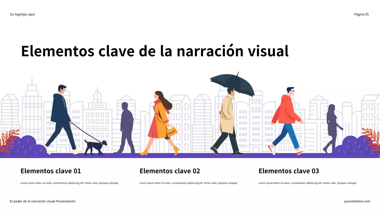 Presentación ilustrativa en morado y naranja: El poder de la narración visual