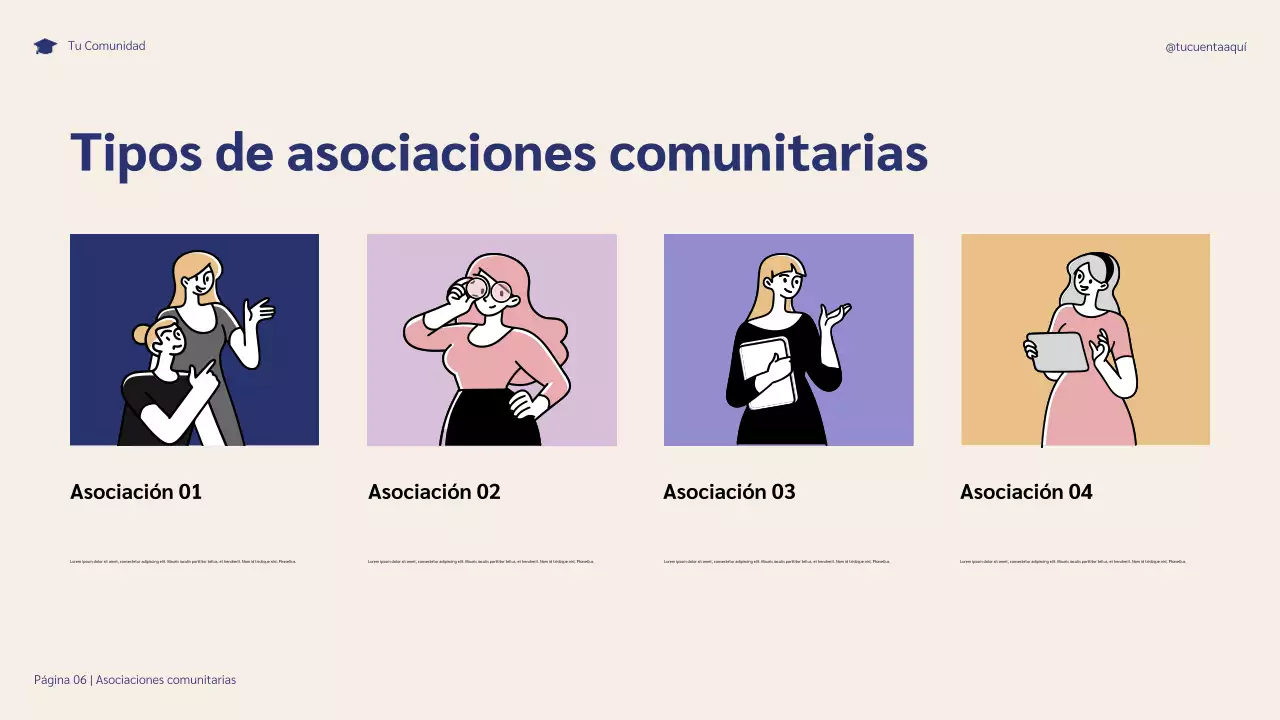 Presentación ilustrativa de las asociaciones comunitarias en azul y morado para el éxito estudiantil