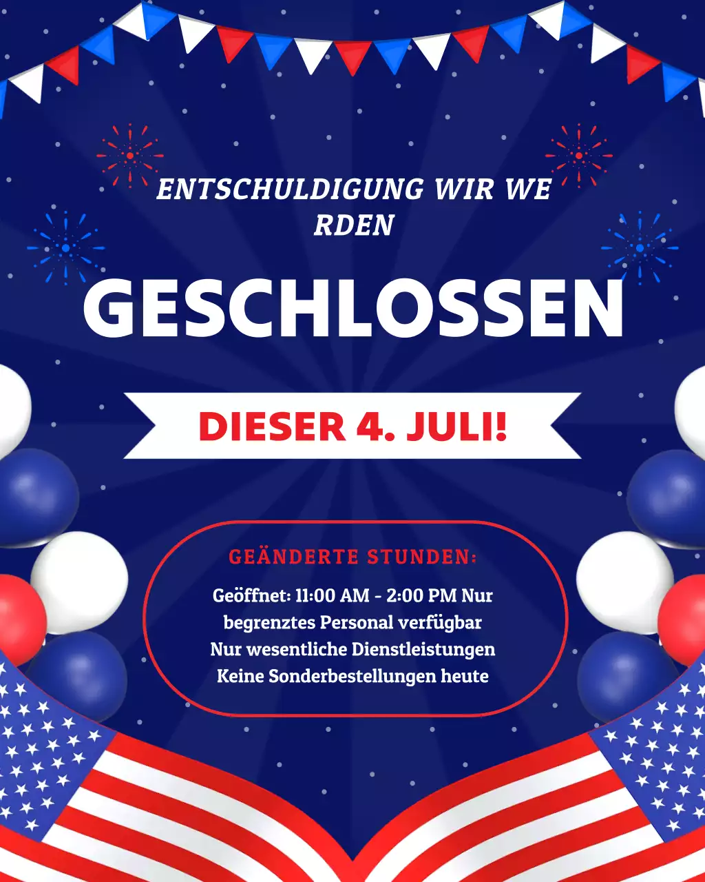 Blauer und roter moderner Instagram-Beitrag zum 4. Juli: Wir haben geschlossen