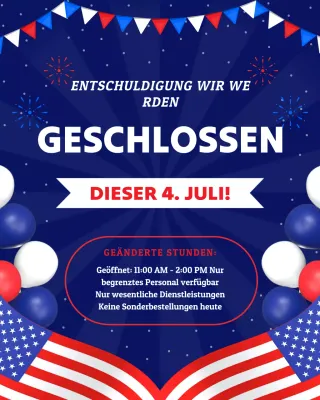 Blauer und roter moderner Instagram-Beitrag zum 4. Juli: Wir haben geschlossen
