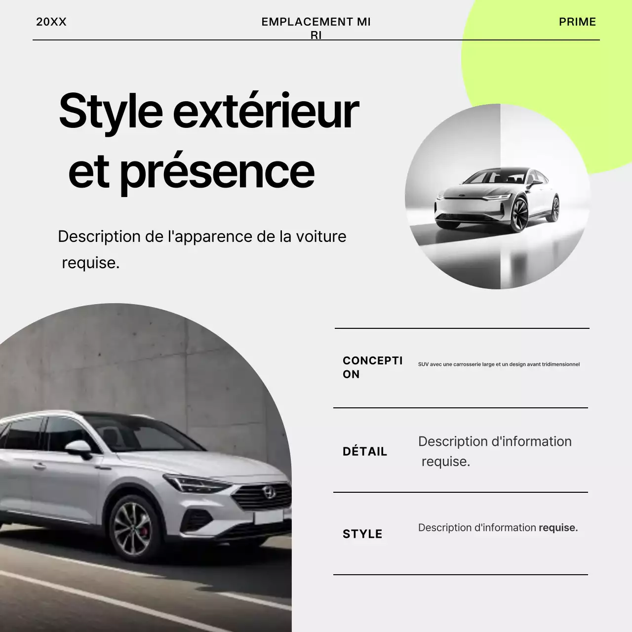 Annonce simple de location de voiture en gris et vert citron