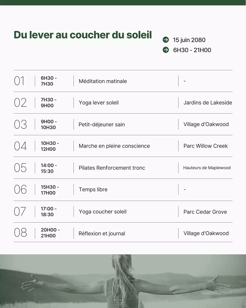 Programme quotidien d'une retraite nature, bien-être, minimaliste et moderne, publication Instagram