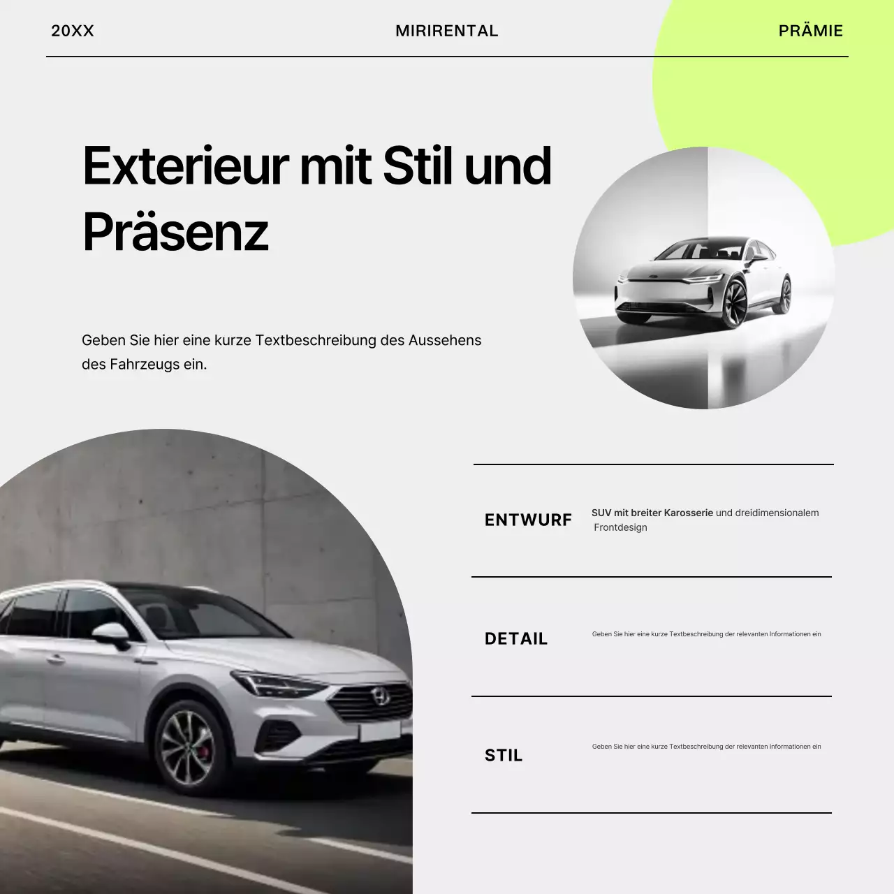 Schlichte Mietwagenanzeige in Grau und Limettengrün