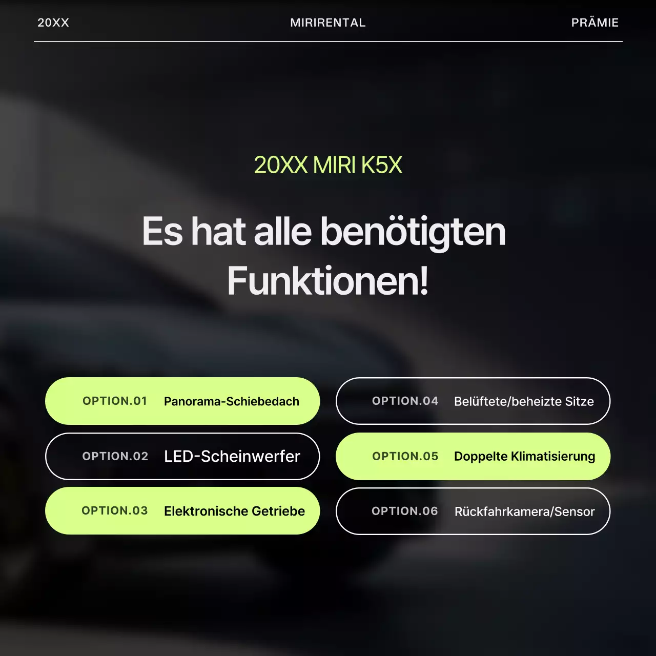 Schlichte Mietwagenanzeige in Grau und Limettengrün
