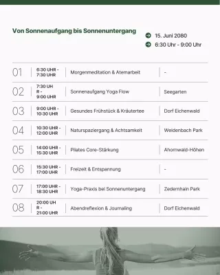 Grüner minimalistischer moderner Wellness-Natur-Retreat Tagesprogrammplan Instagram-Post