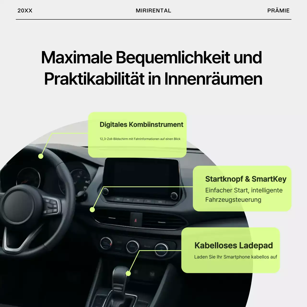 Schlichte Mietwagenanzeige in Grau und Limettengrün