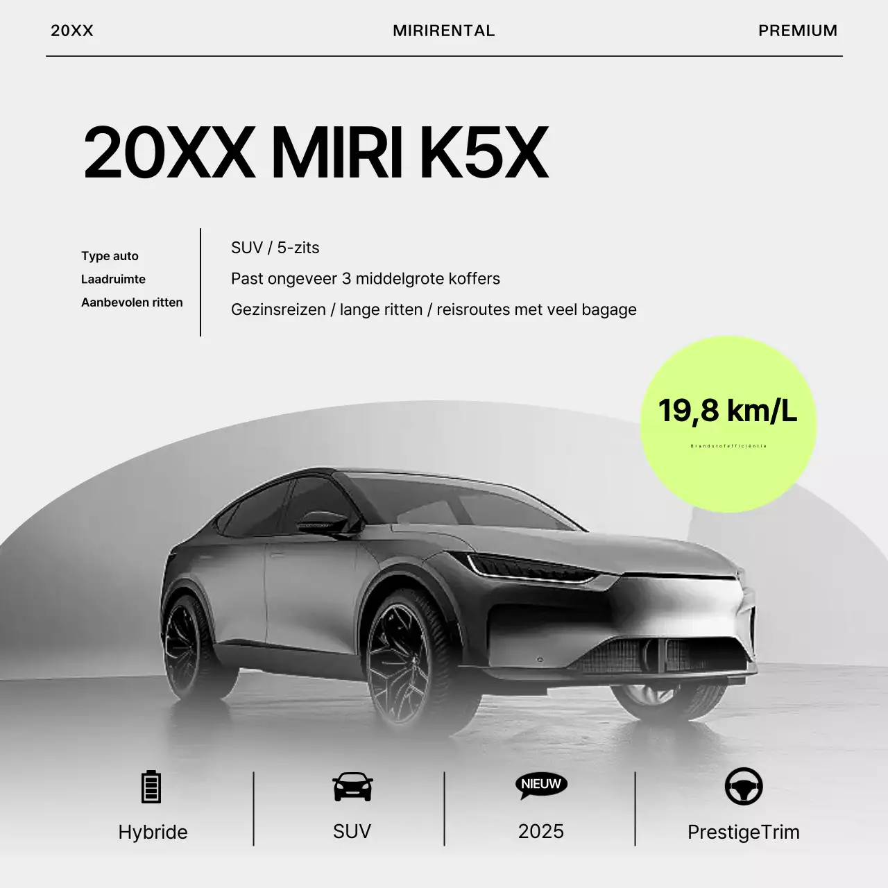 Eenvoudige advertentie voor huurauto in grijs en limoengroen