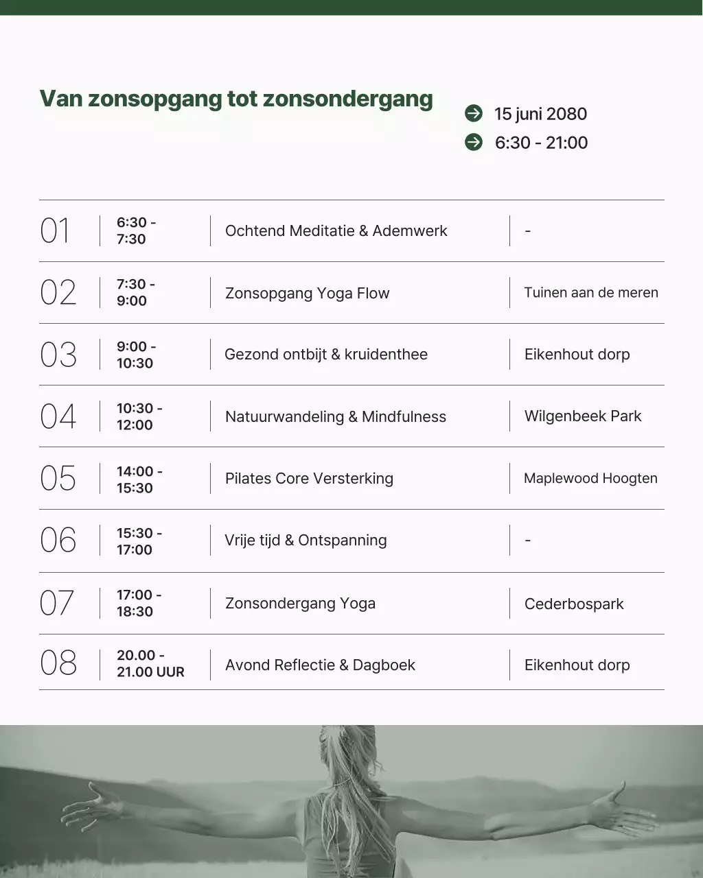 Groen Minimalistisch Modern Wellness Natuurretraite Dagelijks programma Schema Instagram-bericht