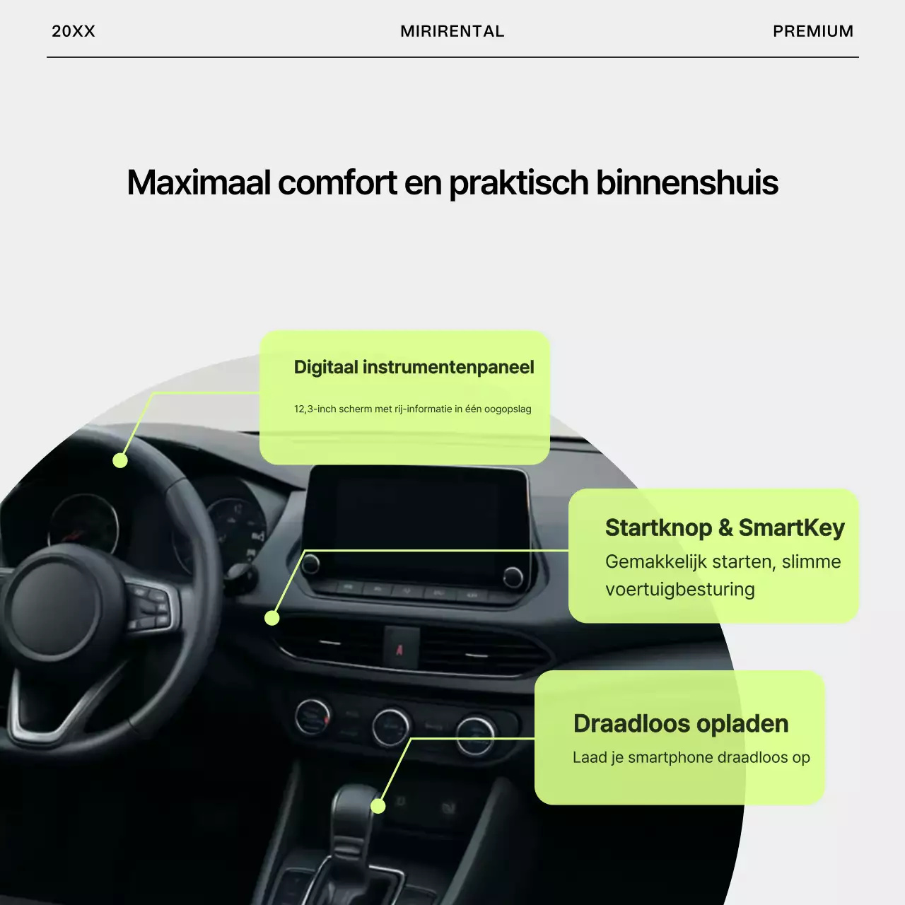 Eenvoudige advertentie voor huurauto in grijs en limoengroen