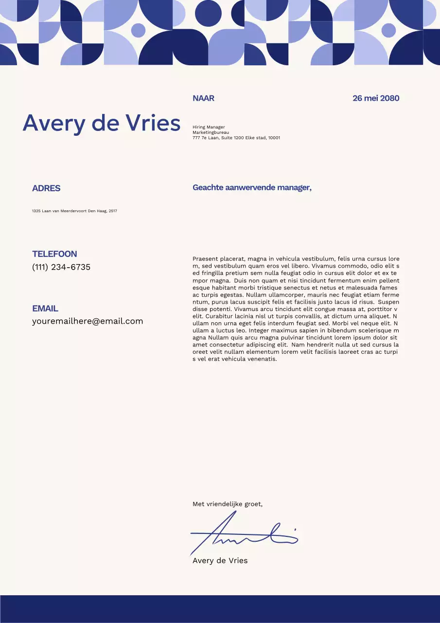 Blauwe en witte geometrische sollicitatiebriefposter