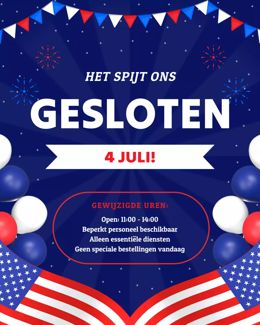 Blauw en rood modern 4 juli Wij zijn gesloten tijdens de openingstijden Instagram-bericht
