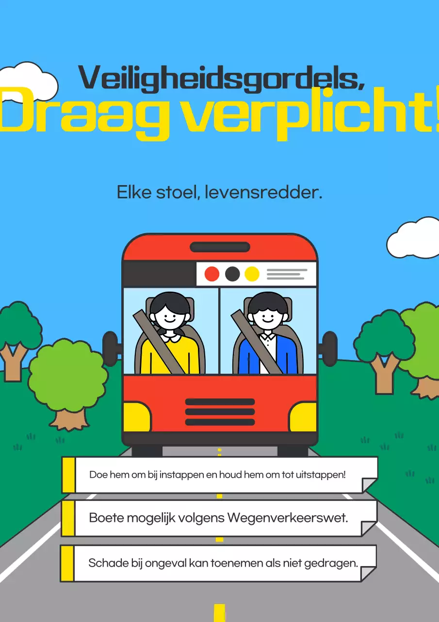 Campagne voor blauwe, eenvoudige veiligheidsgordels in de bus