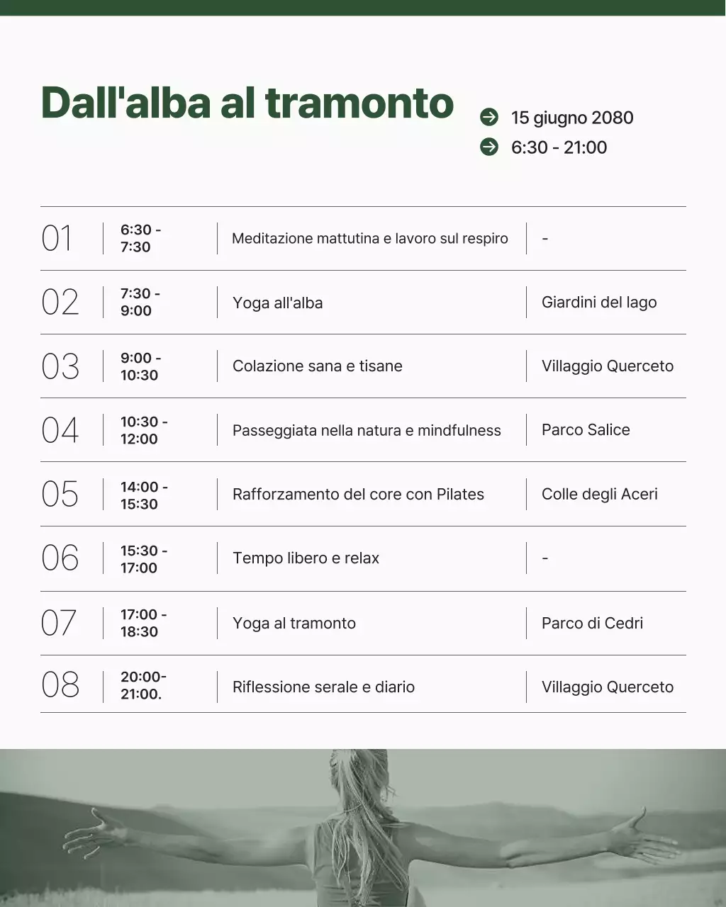 Programma giornaliero del ritiro benessere moderno minimalista verde nella natura Post di Instagram