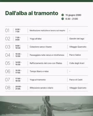 Programma giornaliero del ritiro benessere moderno minimalista verde nella natura Post di Instagram