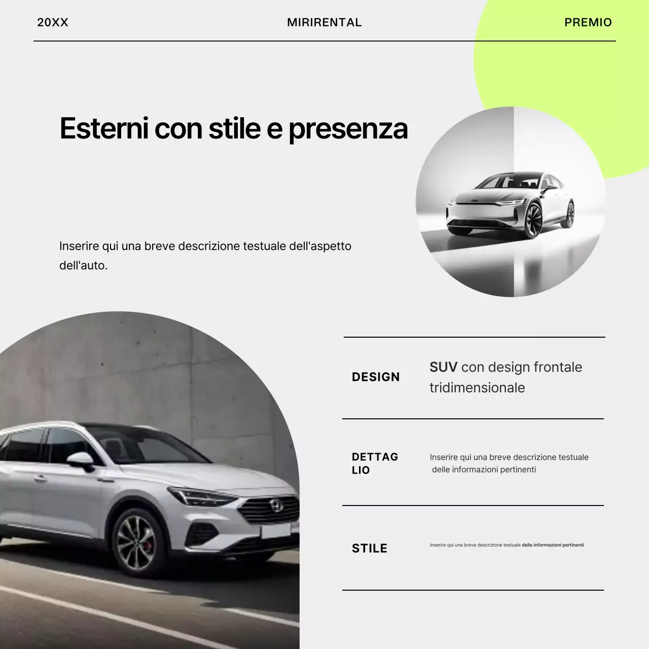 Annuncio semplice per auto a noleggio in grigio e verde lime