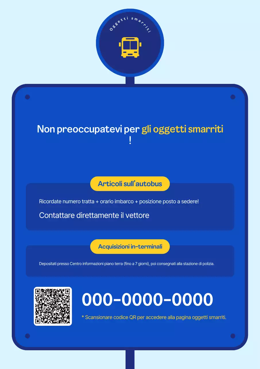 Avviso di smarrimento e ritrovamento dell'autobus interurbano semplice blu