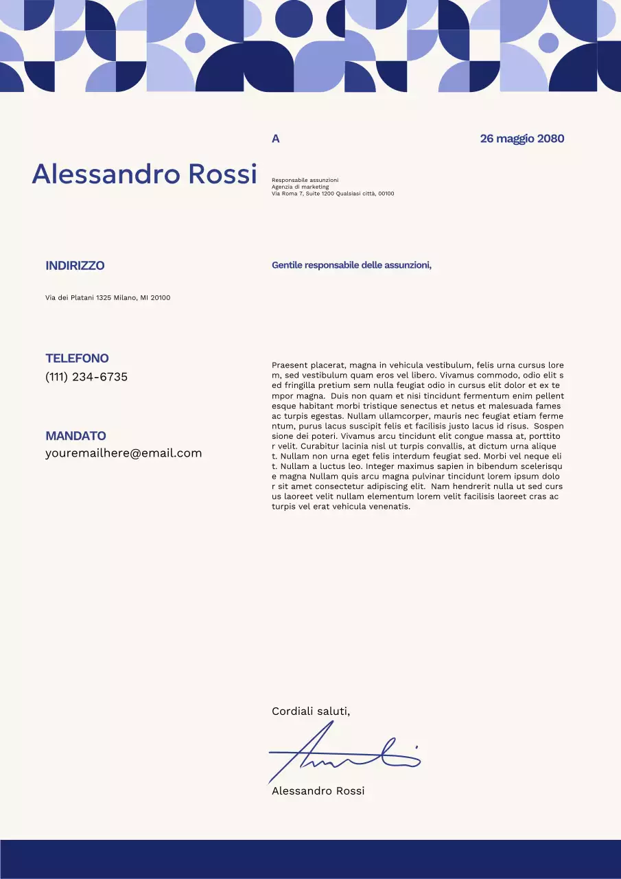 Poster con lettera di presentazione geometrica blu e bianca