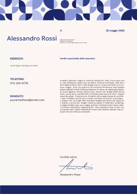 Poster con lettera di presentazione geometrica blu e bianca
