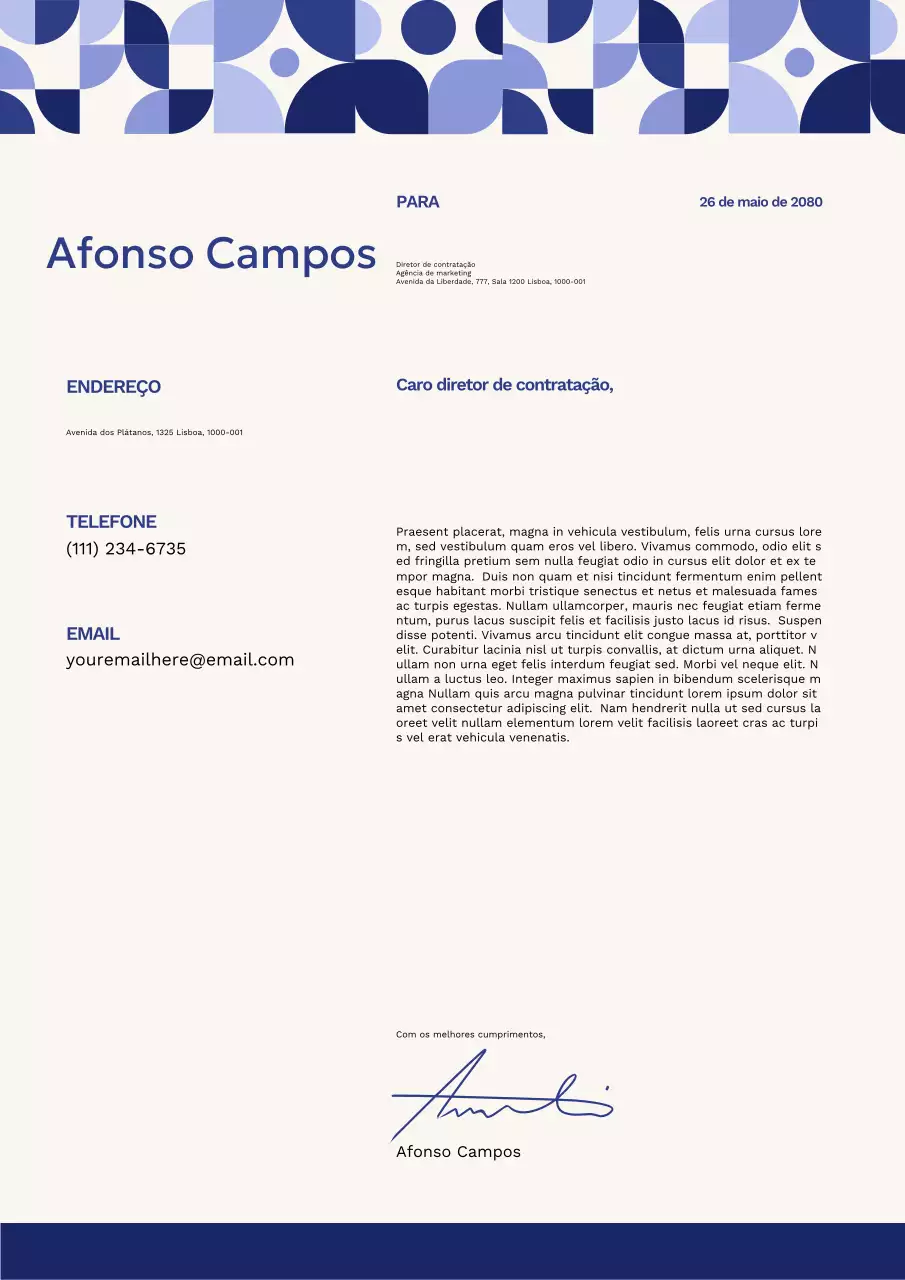 Cartaz de Carta de Apresentação Geométrica Azul e Branca