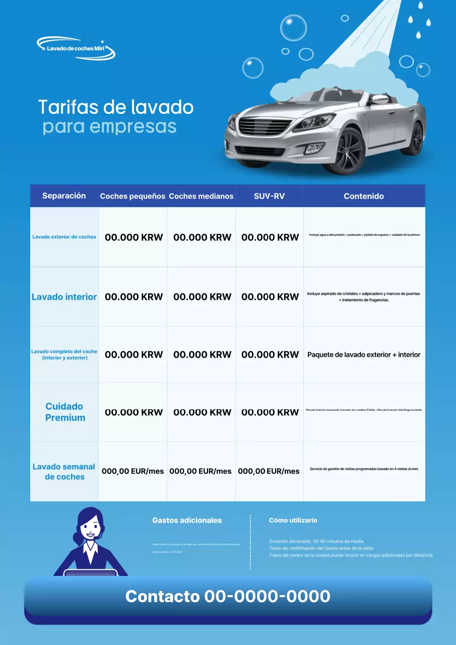 Guía de tarifas de lavado de autos Blue Simple
