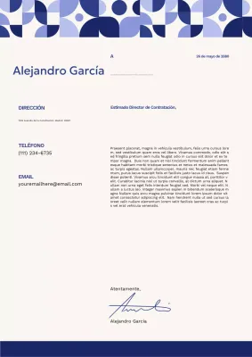 Póster de carta de presentación geométrica azul y blanca