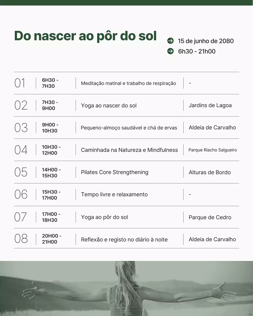 Retiro de Bem-Estar Moderno, Minimalista e Verde na Natureza - Programação Diária - Postagem no Instagram