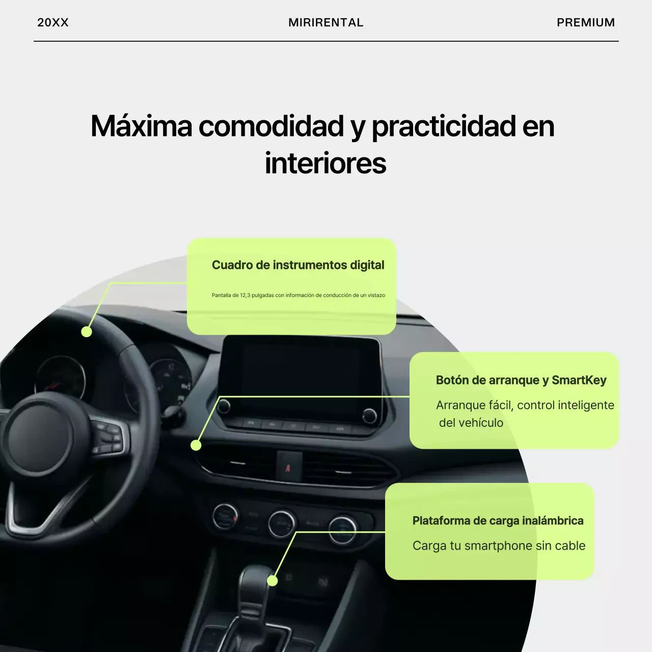 Anuncio sencillo de alquiler de coches en gris y verde lima.