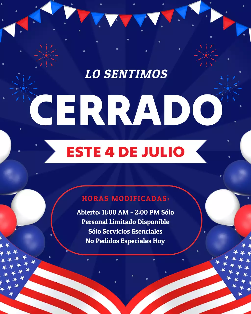 Azul y Rojo Moderno 4 de julio Estamos Cerrados Horario Publicación de Instagram