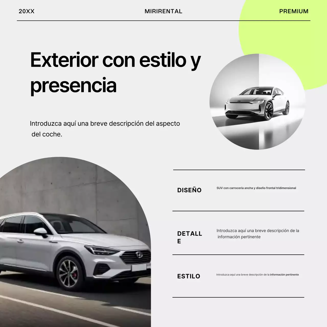 Anuncio sencillo de alquiler de coches en gris y verde lima.