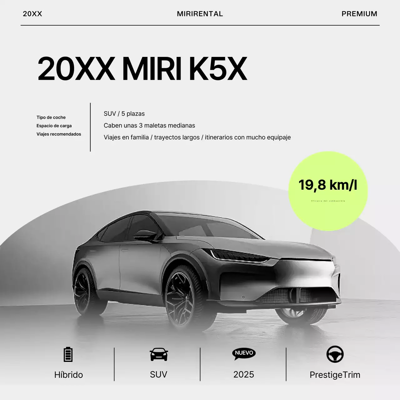 Anuncio sencillo de alquiler de coches en gris y verde lima.