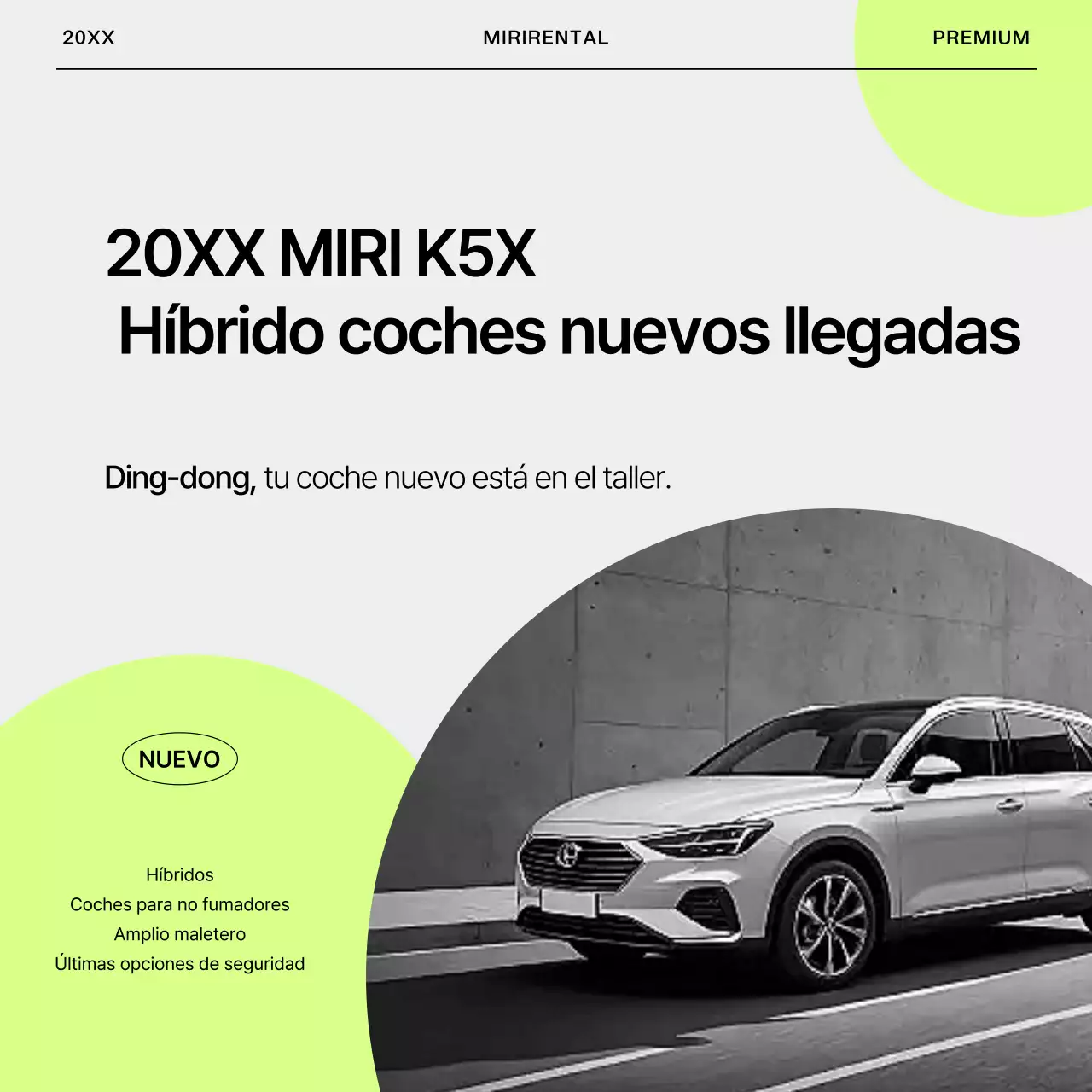 Anuncio sencillo de alquiler de coches en gris y verde lima.