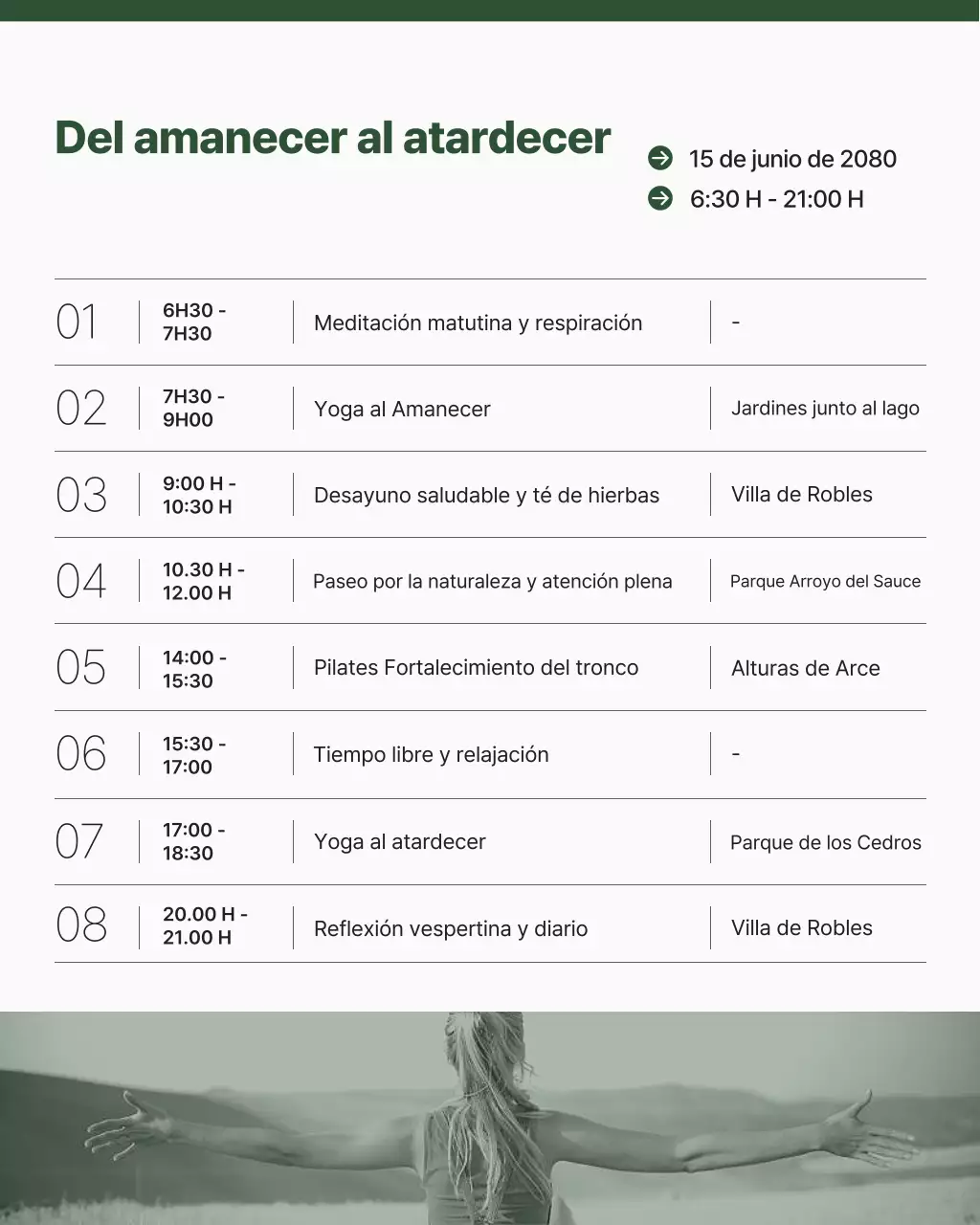 Retiro de naturaleza de bienestar moderno minimalista verde Programa diario Horario Publicación de Instagram