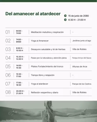 Retiro de naturaleza de bienestar moderno minimalista verde Programa diario Horario Publicación de Instagram