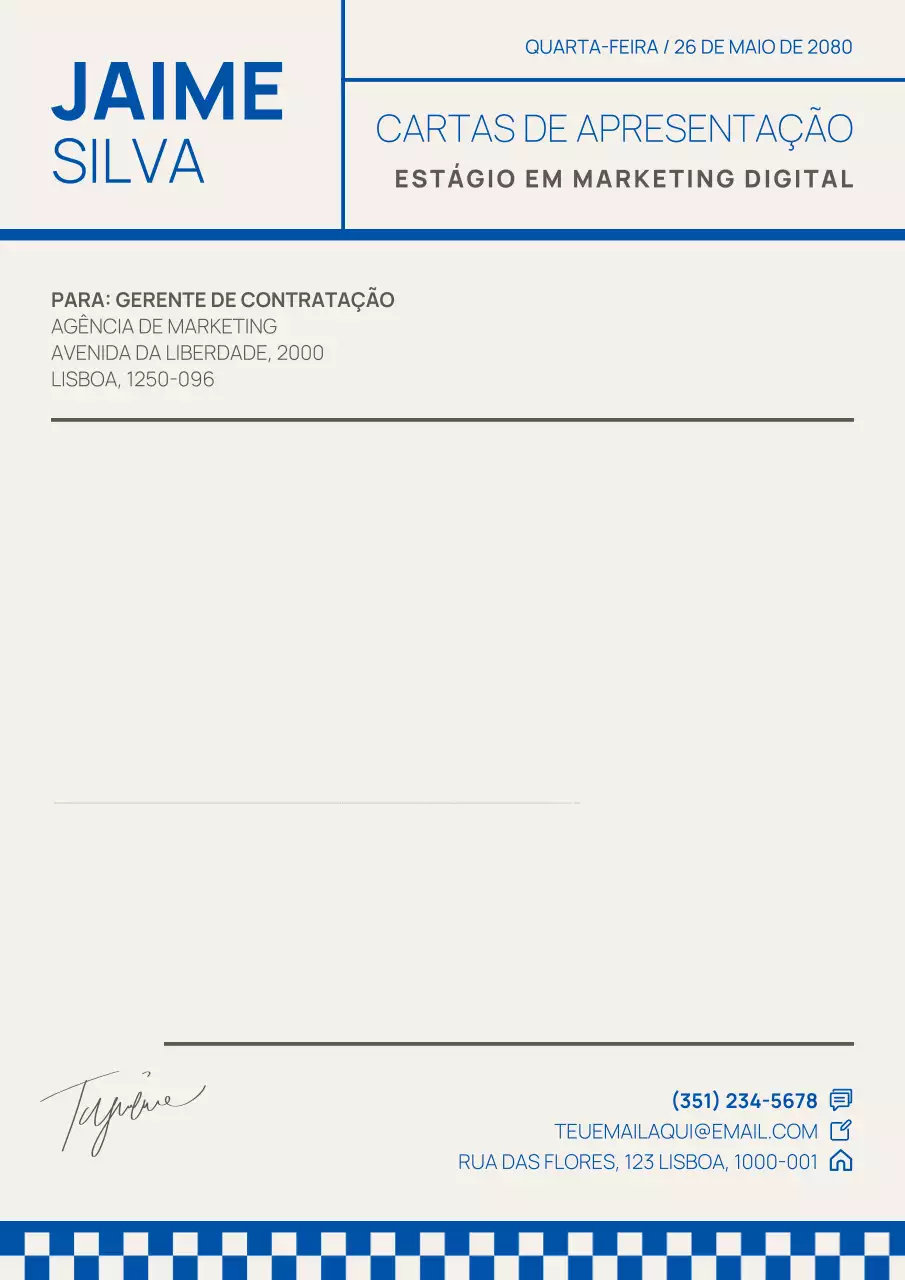 Carta de Apresentação Minimalista em Cinza e Azul para Candidatura a Emprego