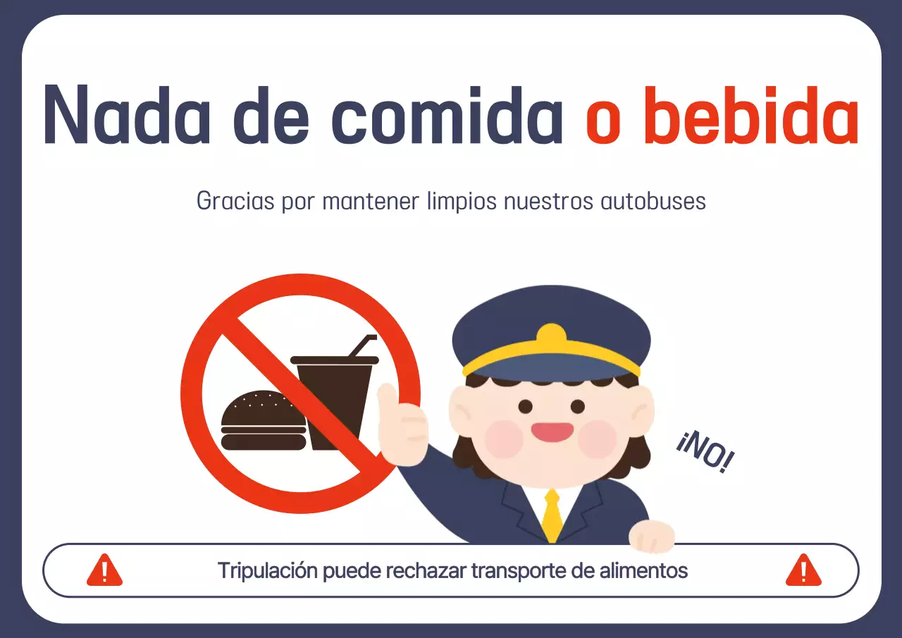 Aviso sobre la prohibición de alimentos y bebidas en el Blue Baby Bus