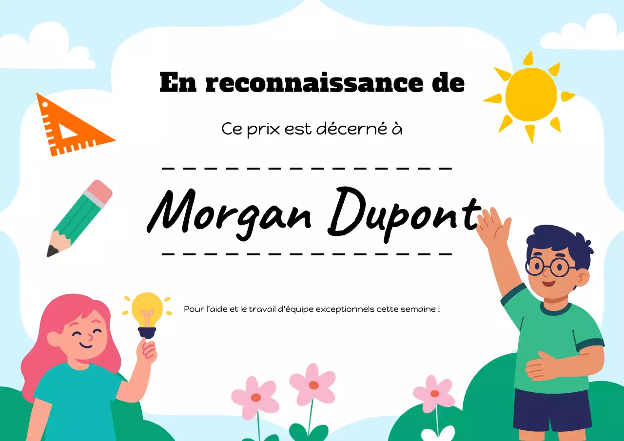 Affiche de certificat de reconnaissance des élèves ludiques bleus et blancs