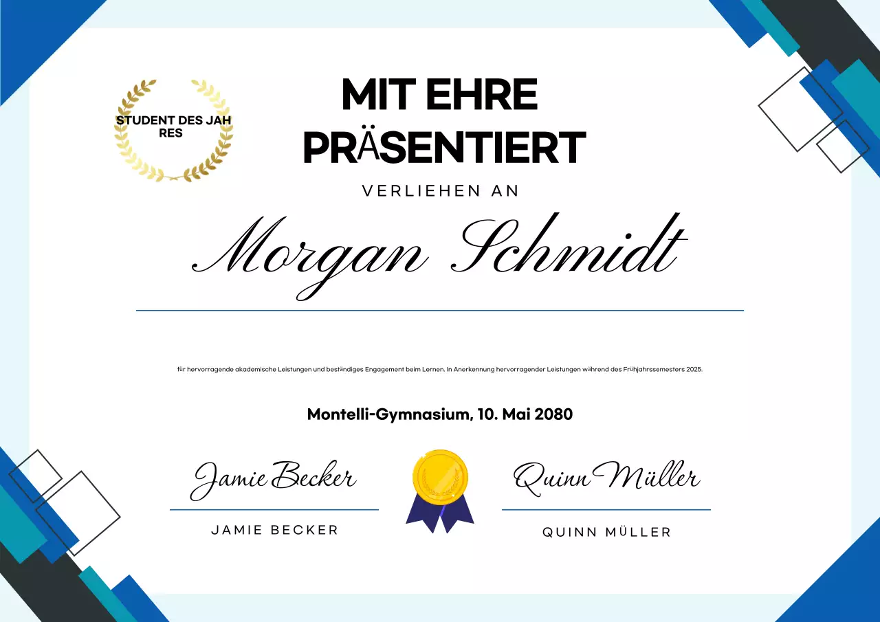 Blaues modernes Studentenzertifikat Poster