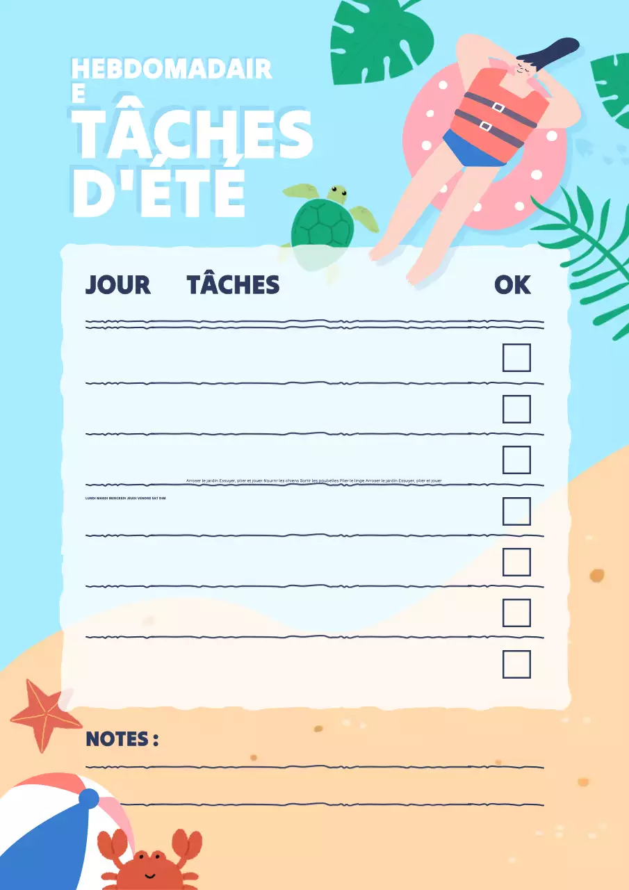 Affiche de la liste des tâches ménagères à faire cet été