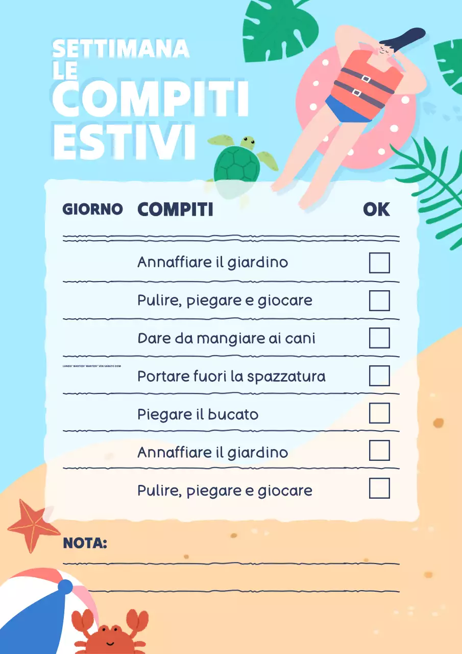 Poster con l'elenco delle faccende domestiche estive da fare