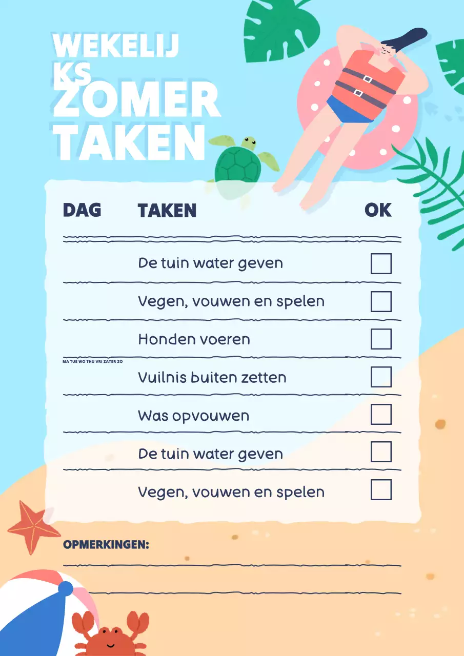 Poster met huishoudelijke klusjes voor de zomer