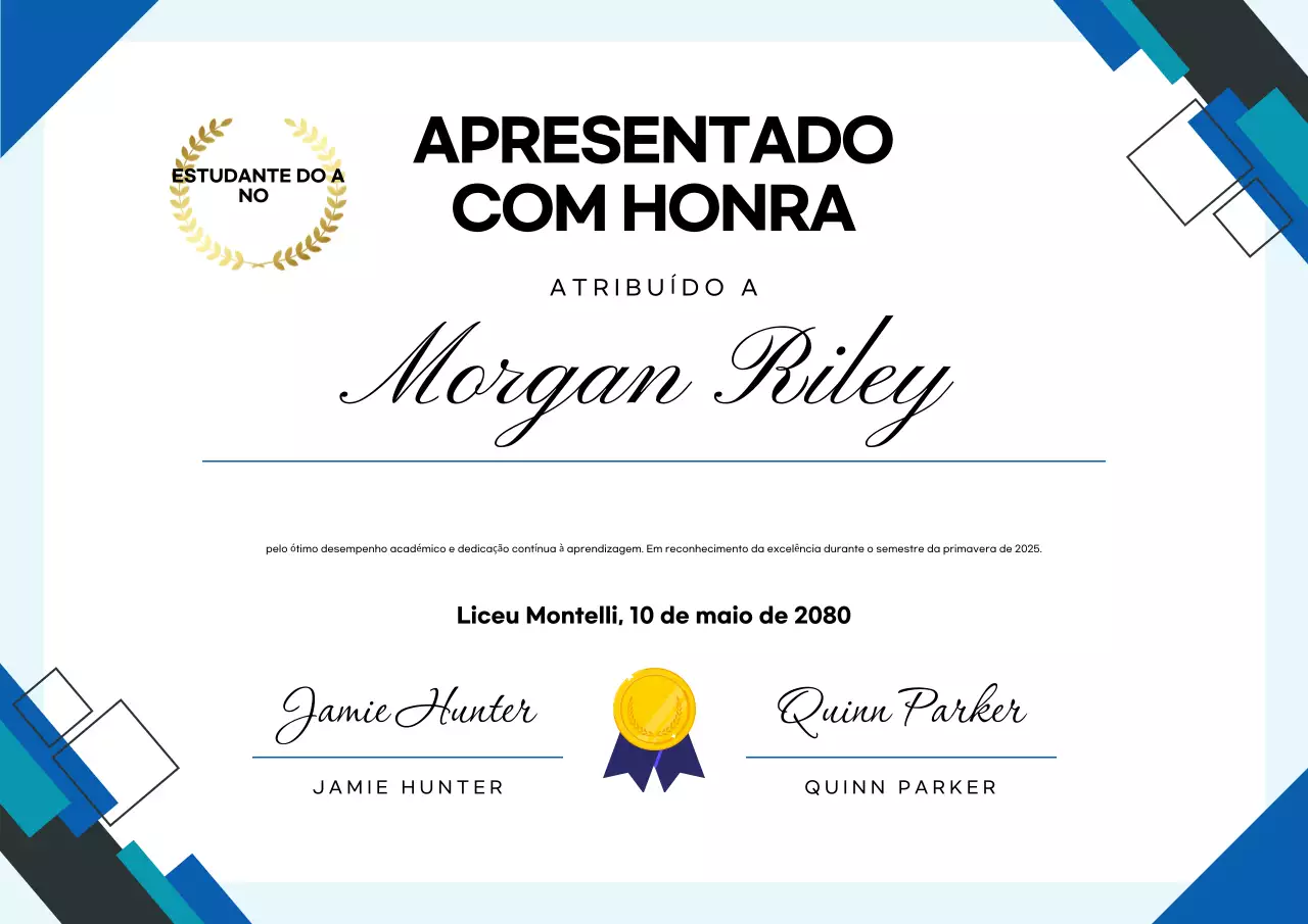 Cartaz de Certificado de Estudante Moderno Azul