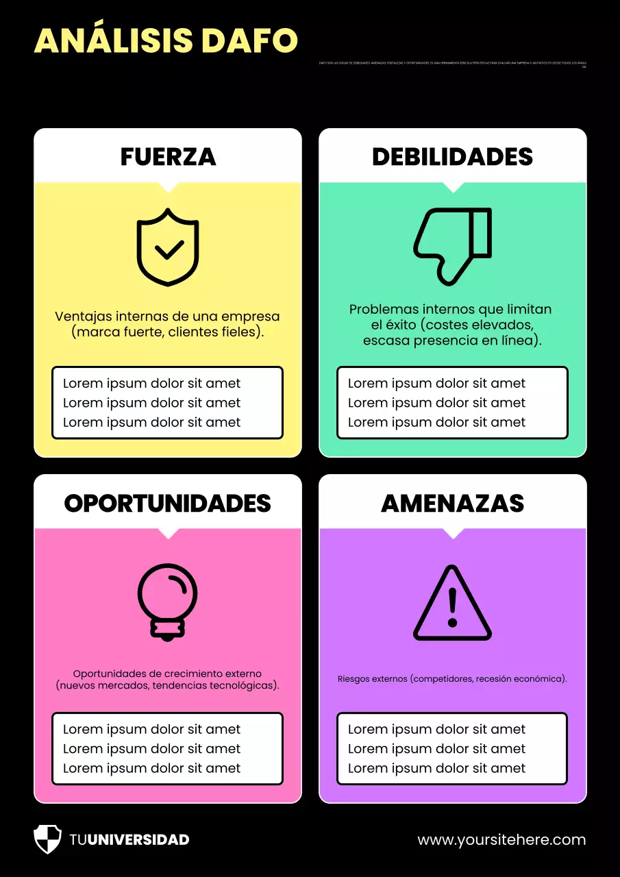 Póster académico de análisis FODA colorido para estudios empresariales