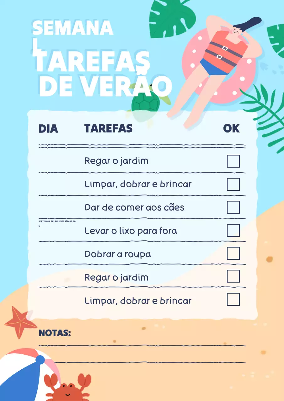 Cartaz com a lista de tarefas domésticas para fazer no verão