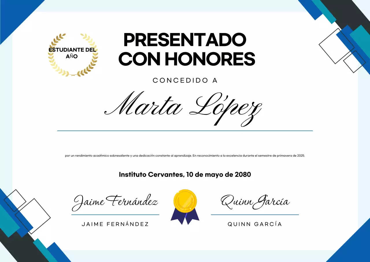 Póster de certificado de estudiante moderno azul