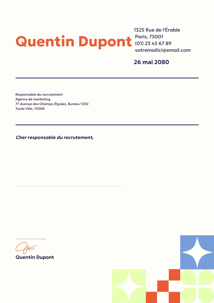 Affiche de document de lettre de motivation professionnelle orange